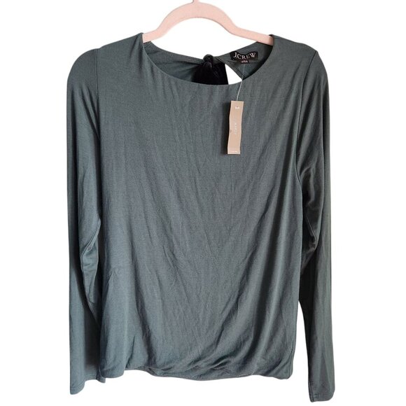 J Crew Shirt Green Large Women's FormKnit Long Sleeve Open Back Top With Bow - Picture 1 of 10